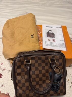 Authentic Louis Vuitton  Damierbrera Brown Checkered Satchel Bag with Bear Charm